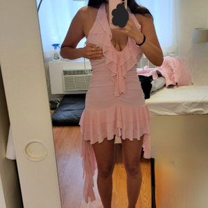 Vintage Gianni Versace Pink Ruffle Asymmetrical Mini Halter Dress Size Small